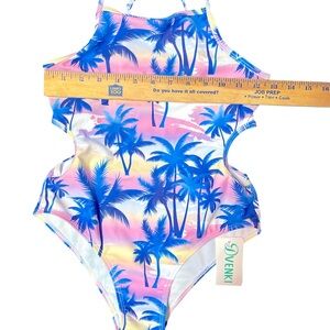 NWT Tropical Print Swimsuit Blue and Pink Adjustable straps palm trees cut out